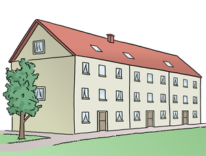 Ein großes Haus. Neben dem großen Haus steht ein Baum. Vor dem großen Haus ist eine große Wiese.