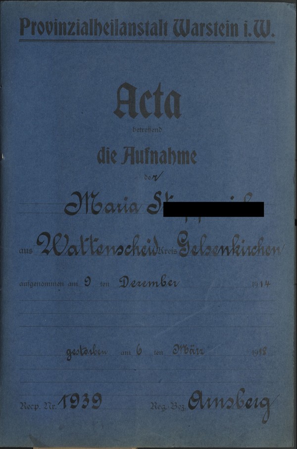 Deckblatt Patienten-Akte Maria S., Best. 660, Foto: LWL-Archivamt für Westfalen
