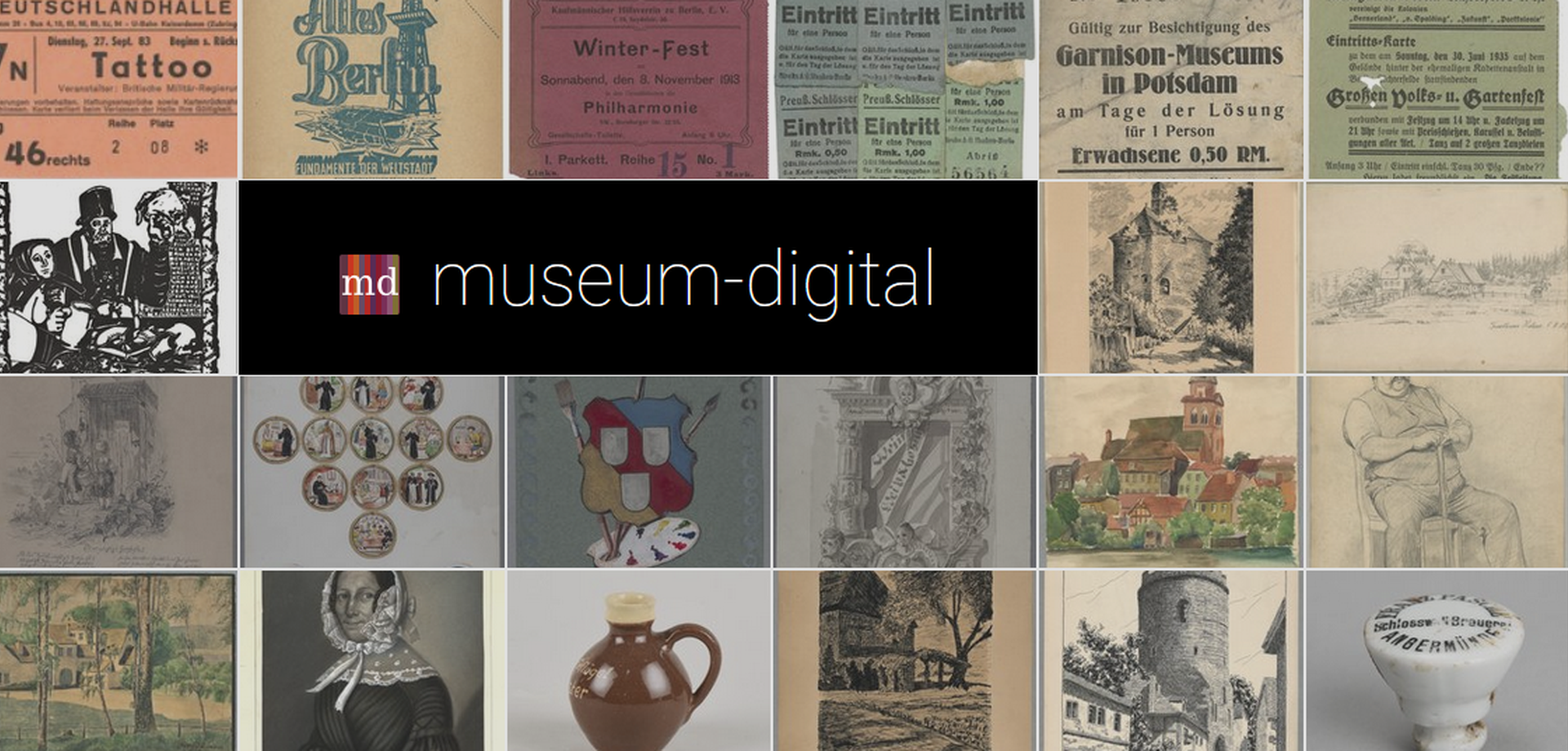 Zu sehen sind gleichgroße Kacheln mit unterschiedlichsten Kunstobjekten, nur eine Kachel in schwarz mit der Aufschrift md:museum-digital ist größer.