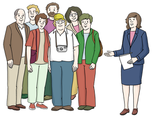 Viele Personen stehen zusammen. Vor den Personen steht noch eine andere Person. Die Person hat einen Zettel in der Hand.
