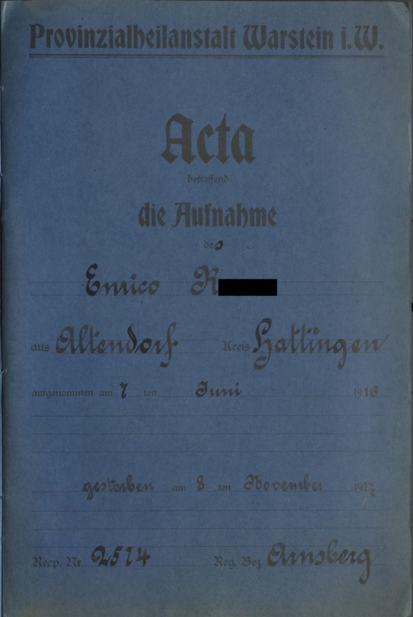 Deckblatt Patienten-Akte Enrico R., Best. 660, Foto: LWL-Archivamt für Westfalen