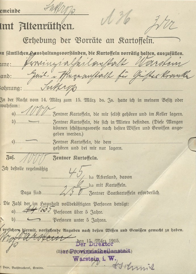 „Erhebung der Vorräte an Kartoffeln“ im Jahr 1915.