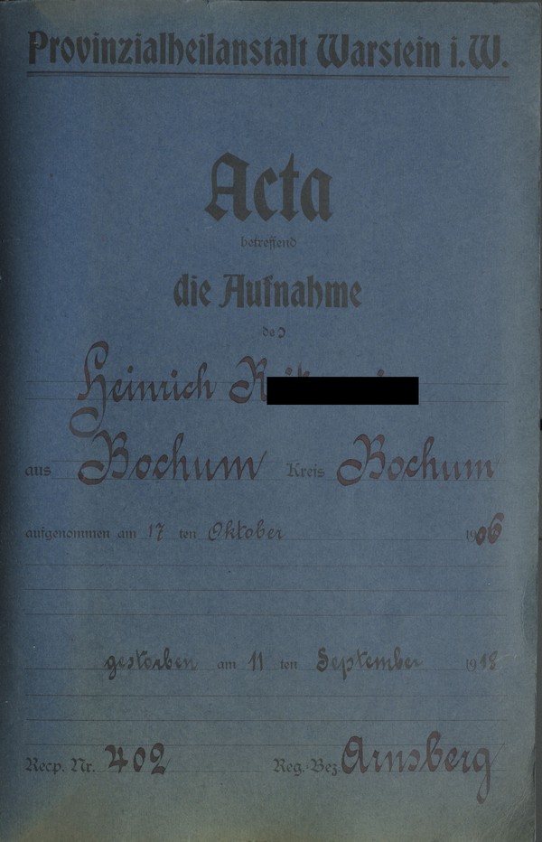 Deckblatt Patienten-Akte Heinrich R., Best. 660, Foto: LWL-Archivamt für Westfalen