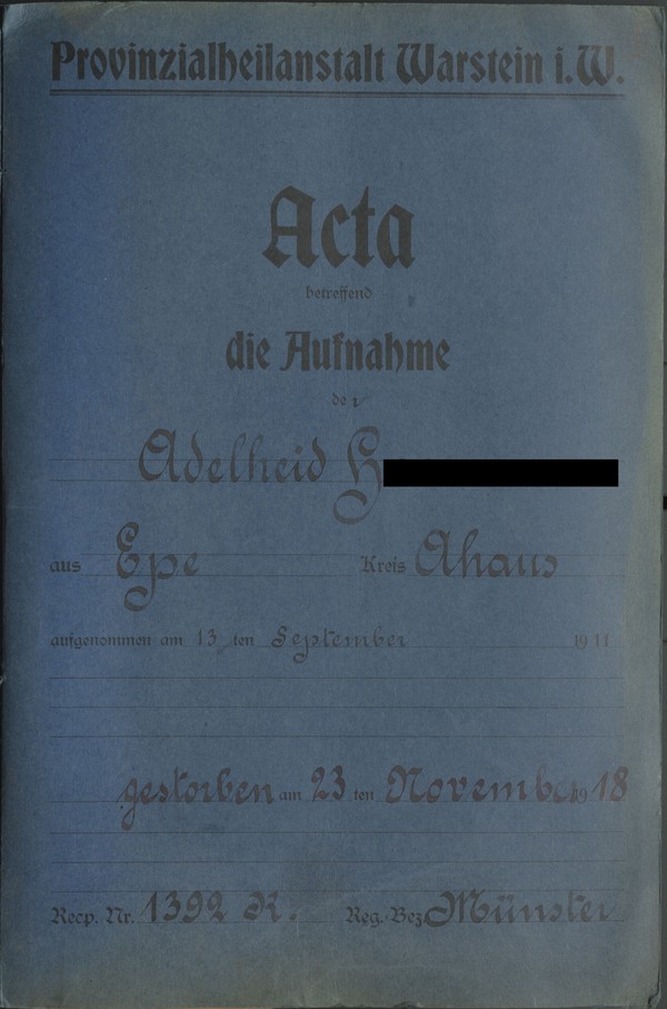 Deckblatt Patienten-Akte Adelheid H., Best. 660, Foto: LWL-Archivamt für Westfalen