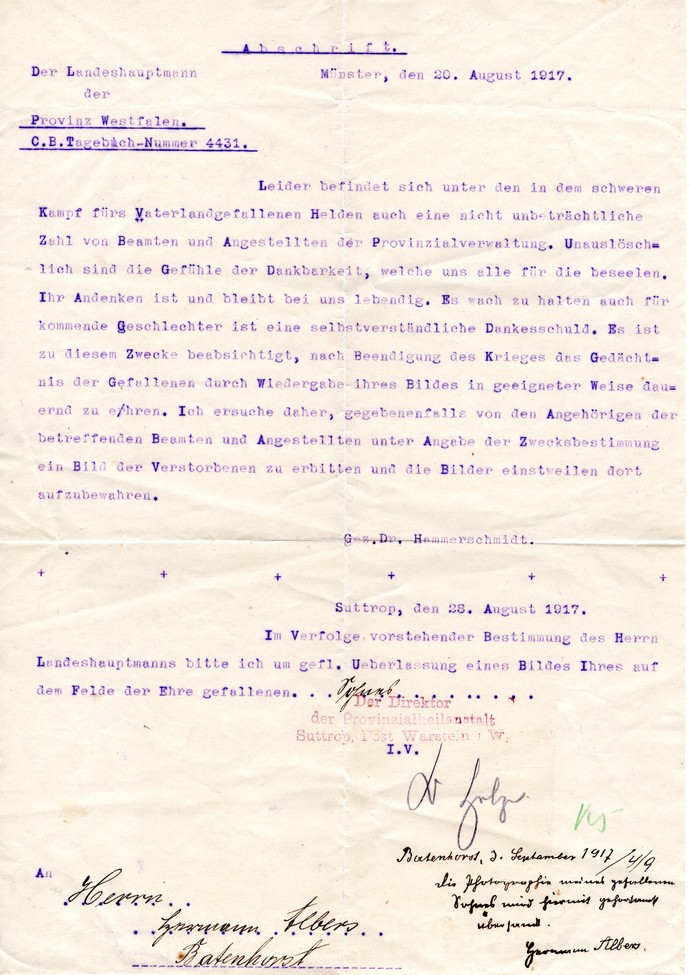 Verfügung des Landeshauptmanns Hammerschmidt 28.08.1917, Foto: LWL-Psychiatriemuseum Warstein